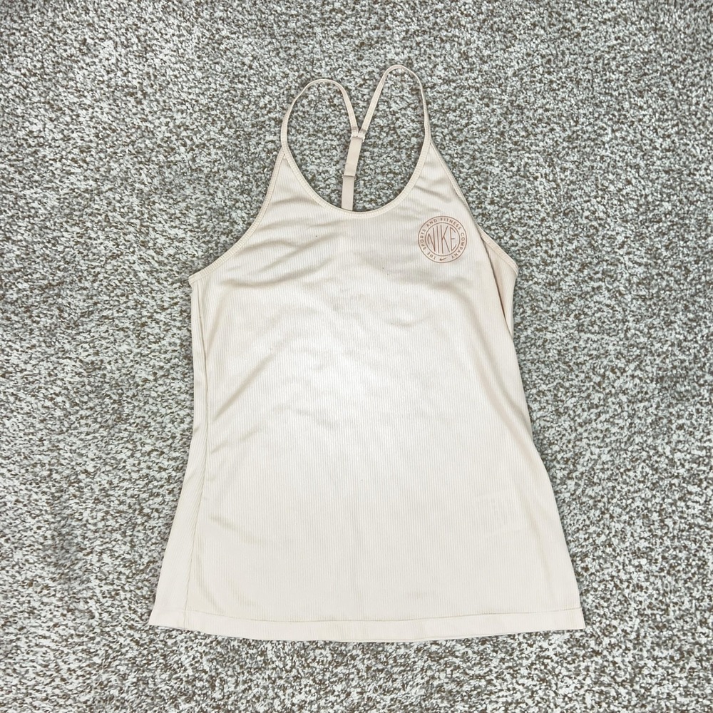 Nike Tank Top Womens Small Beige Dri-FIT Ribbed Adjustable Straps Yoga Gym Shirt